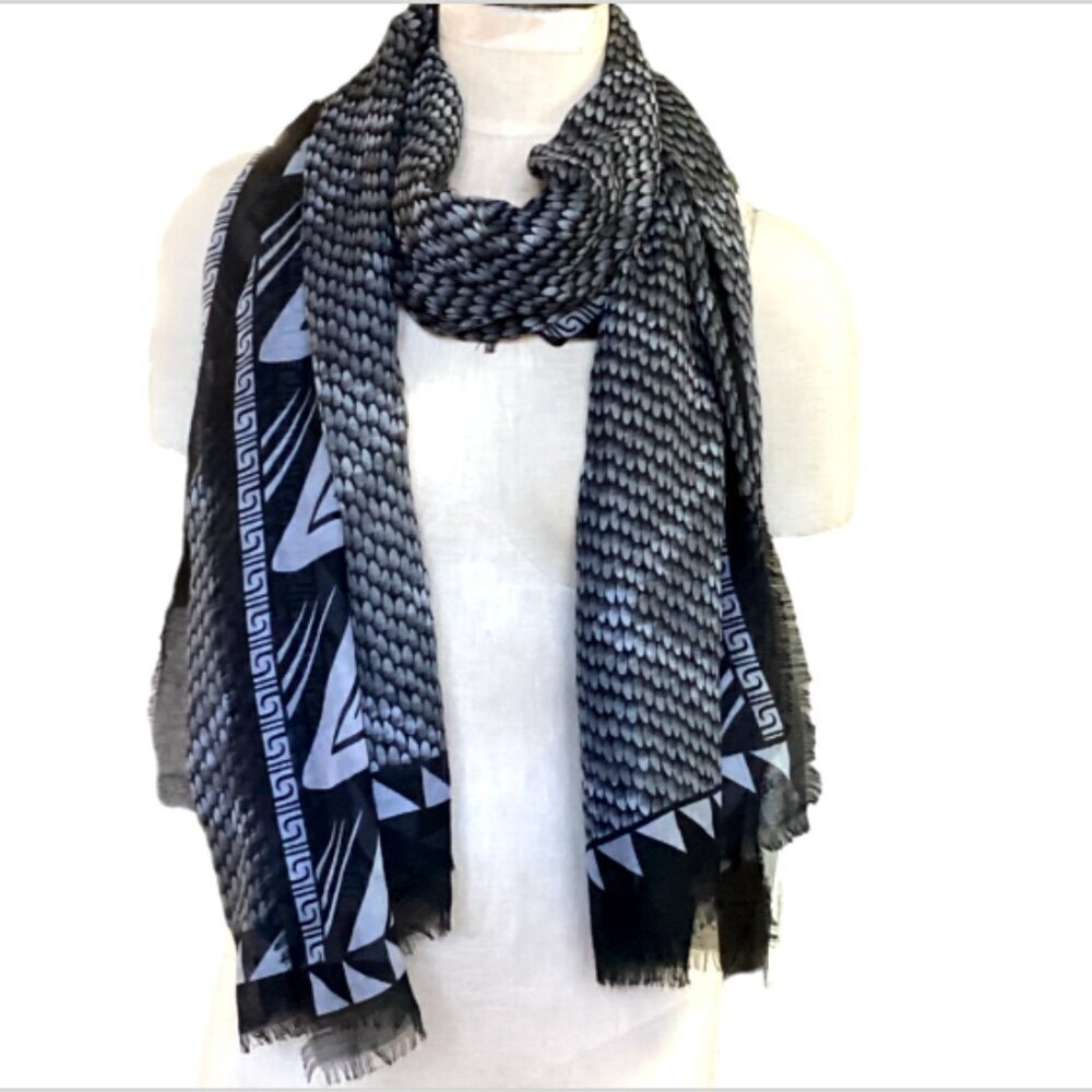 New ACE USA Large Fringed‎ Rectangle Snake Print Scarf Black Gray #117M